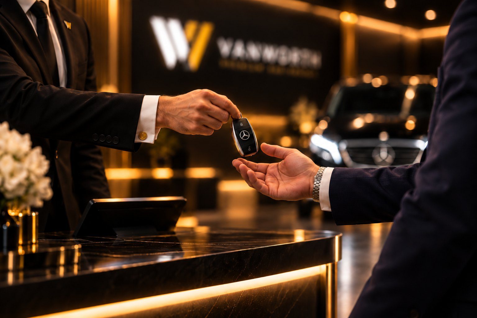 Remise d'une clé Mercedes-Benz au comptoir de l'agence VANWORTH